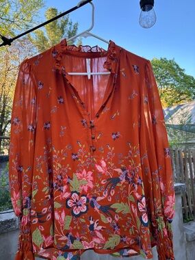Anthropologie Rust Floral Peasant Blouse with Pink & Green Print